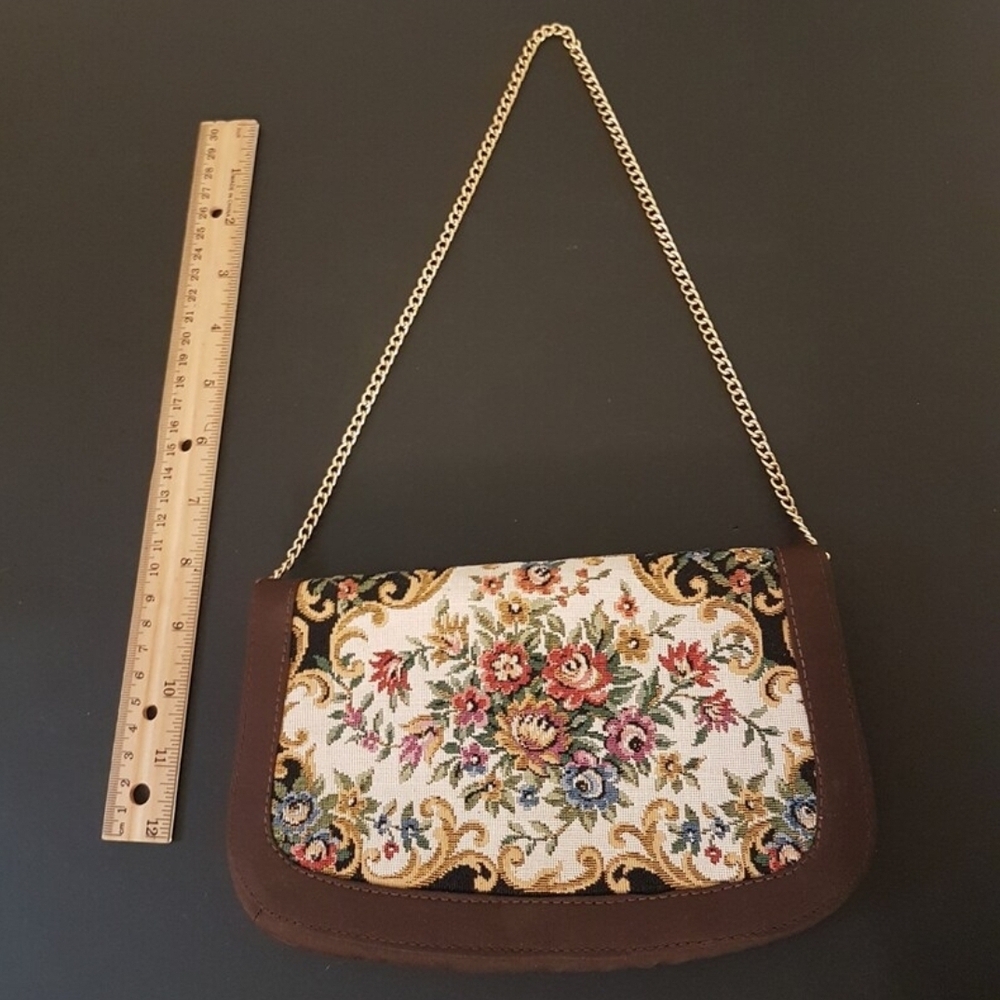 VINTAGE Floral Tapestry Convertible Clutch Shoulder Bag Gold Chain Hong Kong - Picture 8 of 10
